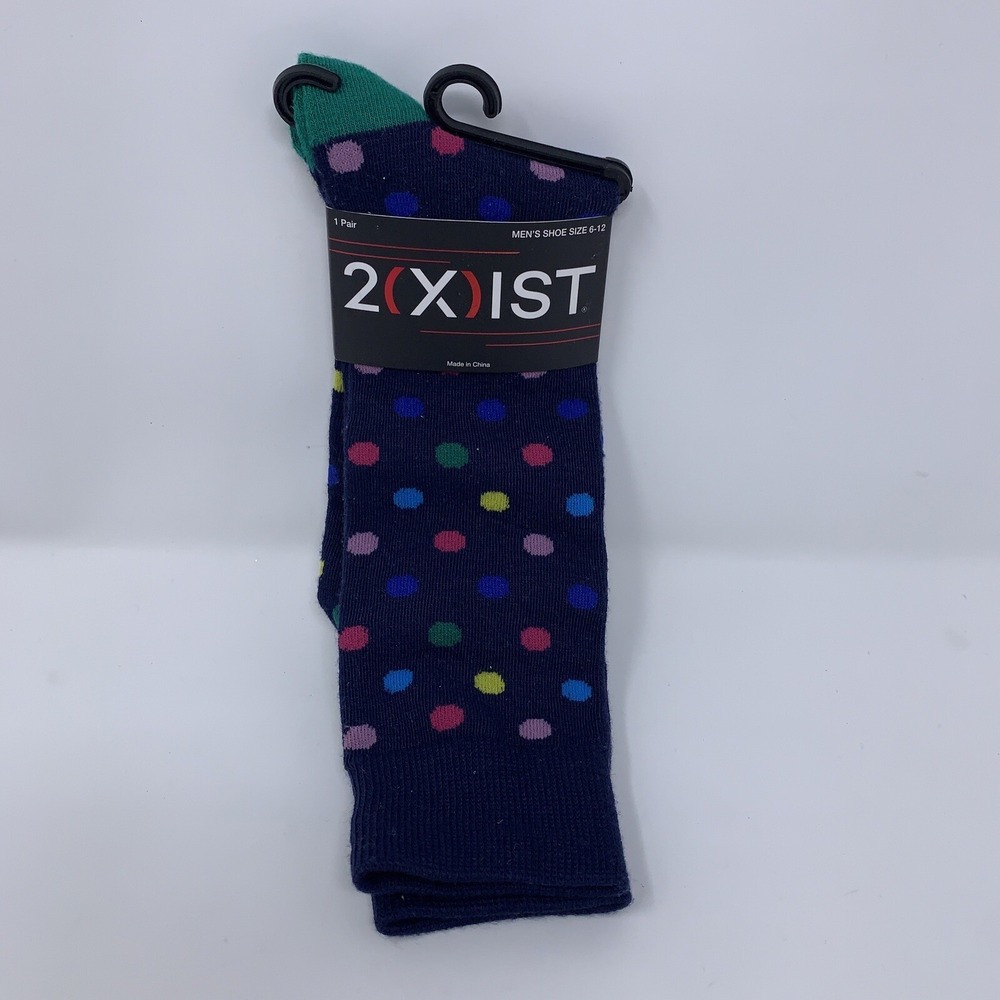 2(X)IST Men's Shoe Size 6-12 Navy Colorful Polka Dot Dress Socks 1 Pair NWT